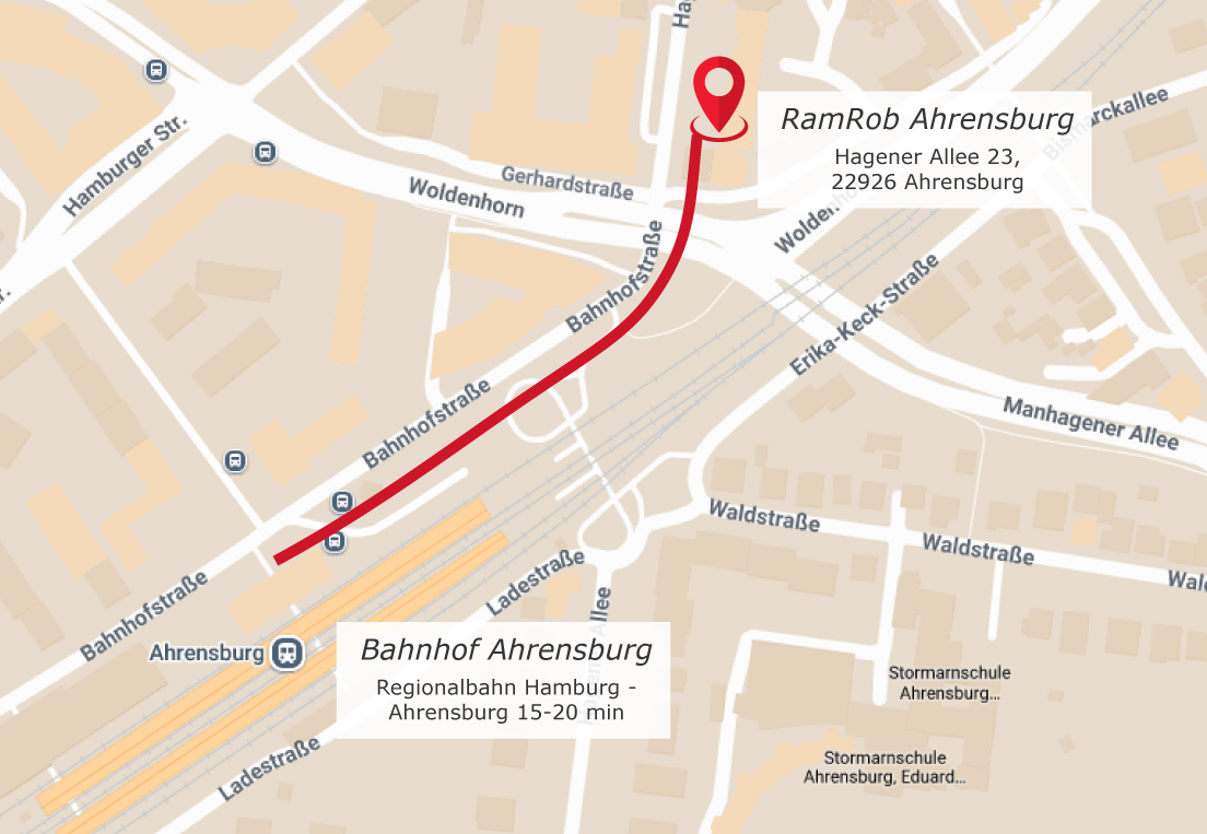 Anfahrt RamRob Ahrensburg, Hagener Allee 23, per Regionalbahn RB81 vom Hamburger Hauptbahnhof